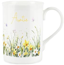 Purely Home Spring Time Daffodils Auntie Mug - Yellow Easter Themed Floral Gift/Present for Her - Bone China Coffee/Tea Mug