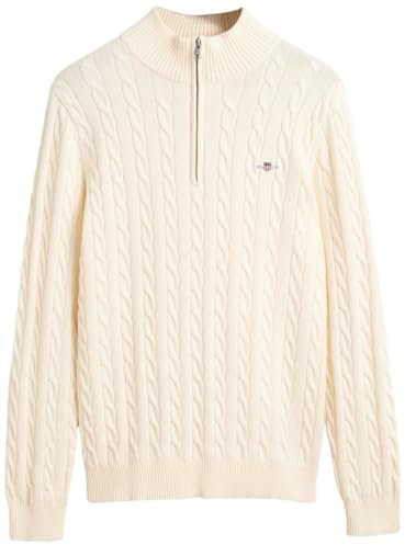 GANT Men's Cotton Cable Half Zip Pullover Sweater, Cream, S