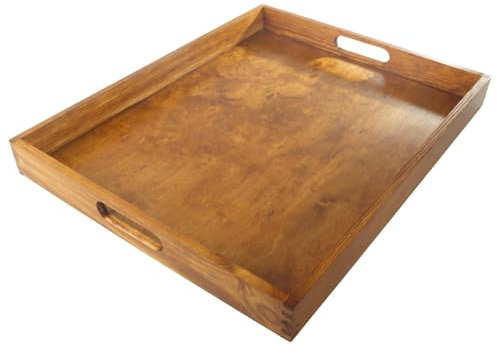 WooDeeDoo Large Pine Serving Tray | Hand-Stained | English Oak | Satin | 50 x 40 x 5 cm | Ottoman Tea Coffee Breakfast Drinks Dining Table Dinner Wooden Platter With Cut-out Handles