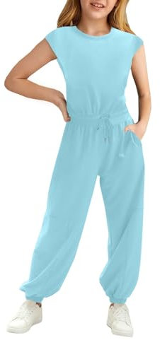 Haloumoning Mädchen Jumpsuits Kinder Mode Lange Hosen Mädchen Sommer Kurzarm Overall Casual Sport Jumpsuit, Blau, 6-8 Jahre