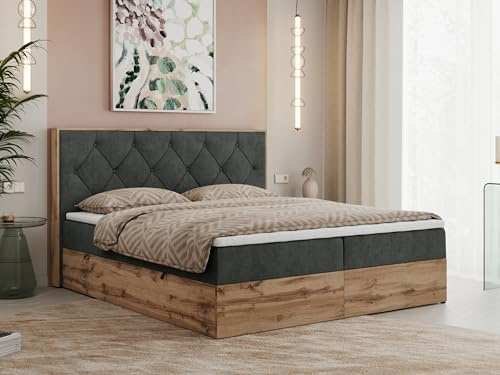 MKS MEBLE Boxspringbett 200x200 cm mit Bettkasten Wotan Eiche, Doppelbett mit Kopfteil, Matratze H4 mit Topper T25, Matratzenaufbau, Polsterbett mit Stauraum - Dunkelgrau Strukture - Veneto