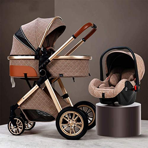 UIGJIOG 3 in 1 Kinderwagen Kutsche, Faltbare Luxus Kinderwagen Anti-Shock Federn High View Pram Kinderwagen Mit Baby-Korb, Mit Maxi-Canopy/Easy One-Hand Falten,Braun