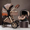 UIGJIOG 3 in 1 Kinderwagen Kutsche, Faltbare Luxus Kinderwagen Anti-Shock Federn High View Pram Kinderwagen Mit Baby-Korb, Mit Maxi-Canopy/Easy One-Hand Falten,Braun