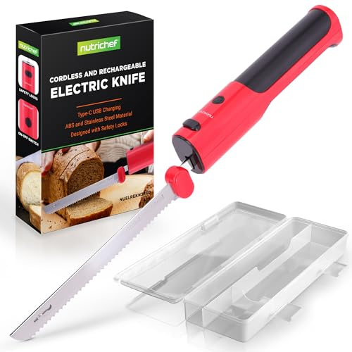 NutriChef Coltello Elettrico Senza Fili | Funzione ON/OFF di Sicurezza Facile da Usare | Coltello da Cucina Leggero | Per Tacchino, Carni, Pollame, Pane e Formaggi | Lame 29 cm | Rosso