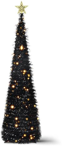 5FT Pop Up Christmas Tree with LED Lights and Tree Topper- Collapsible Artificial Tinsel Pencil Christmas Tree, Skinny Xmas Tree for Indoor Home Apartment Porch Holiday Party Decorations(Black)