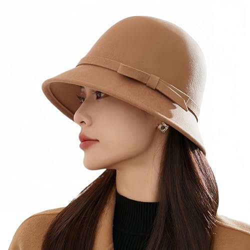 HSTWODE Damen Filz Eimer Hut, Einstellbare Vintage Bowler Hut mit Schleife. Chaplin, Magier, Steampunk, Cosplay, Halloween, Kostümzubehör (DE/NL/SE/PL, Numerisch, 58, Kamel)