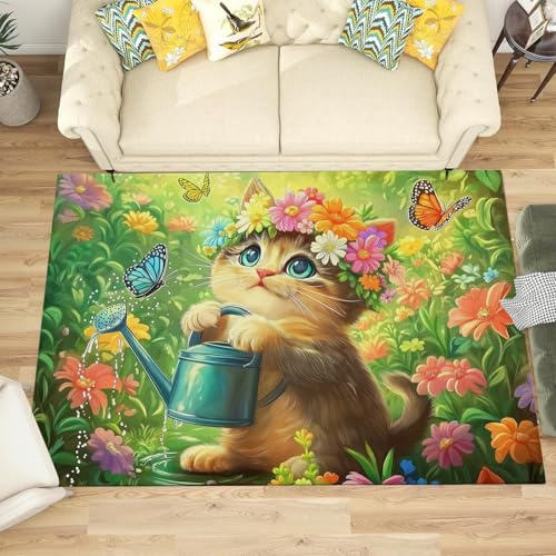 NAWVNMI Kurzflor Kinderteppich für Jungen und Mädchen 120 x 180 cm Katze - Gartenkatze - Waschbarer Teppich Extra Weich und Antiallergen - Teppich Kinderzimmer, Babyzimmer und Spielzimmer