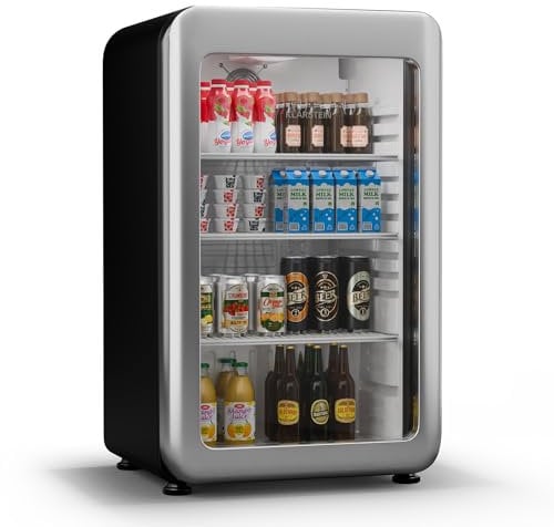 Klarstein Audrey Evo Drinks Fridge - 93L Beverage Refrigerator, Double-Glazed Door, LED Lighting, 0-10°C, Energy Class C, Retro Design, Adjustable Feet, Silver