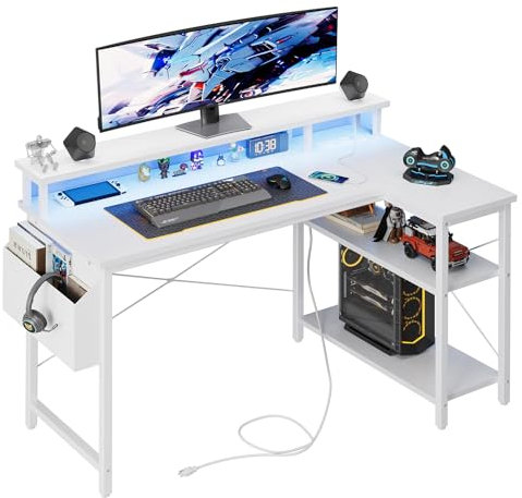 Grandder Scrivania a forma di L con illuminazione a LED e prese, 100 cm Gaming Desk con 2 ripiani, scrivania per computer con supporto per monitor, postazione di lavoro PC per casa, bianco