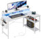 Grandder Scrivania a forma di L con illuminazione a LED e prese, 100 cm Gaming Desk con 2 ripiani, scrivania per computer con supporto per monitor, postazione di lavoro PC per casa, bianco
