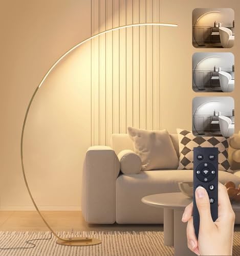 Arc Floor Lamp for Living Room, 25W Modern Dimmable Standing Lamp with Remote Control, 3 Color Temperatures & 10 Brightnesses, Bright Floor Reading Lamp for Bedroom Office Sofa, Gold 170CM