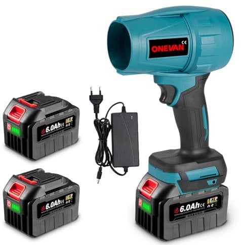 ONEVAN Ventola turbo, batteria con 2 batterie da 6000 mAh, spazzaneve senza spazzole, 28000 giri/min, soffiatore elettrico per soffiare foglie, neve, polvere, soffiaggio 1,2 kg