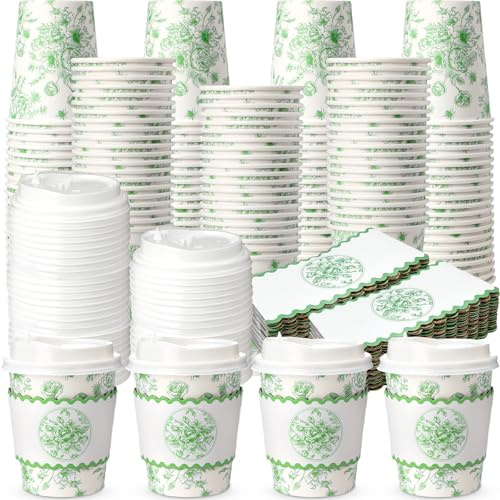 Jingmore 100 Sets 8oz Sage Green Coffee Cups Disposable Paper Cups with Lids and Sleeves Green White Floral Party Supplies for Wedding Bridal Baby Shower Birthday Party
