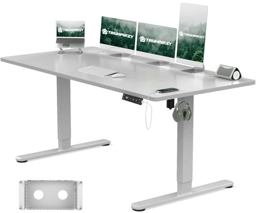 TRIUMPHKEY Höhenverstellbarer Schreibtisch 160x80cm mit Typ-C Ladeanschluss, Schreibtisch Höhenverstellbarer mit Kabel Management Tray, Standing Desk mit 3 Memory Funktion, Grau