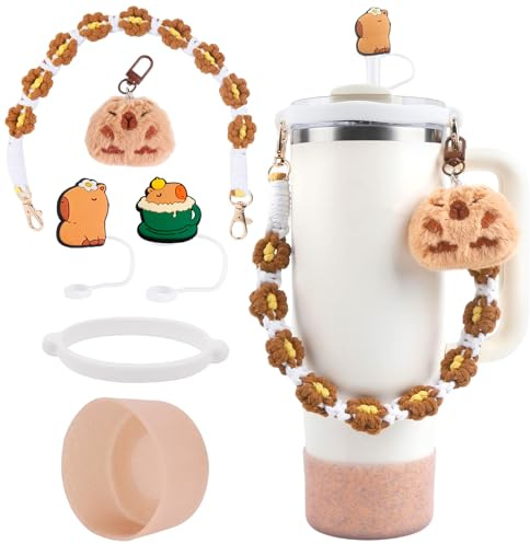 6PCS Accessories Set for Stanley Cup, Cute Decor Including Boho Woven Handle Strap, Capybara Charms, Silicone Water Cup Boot, Straw Cover for Stanley Cup