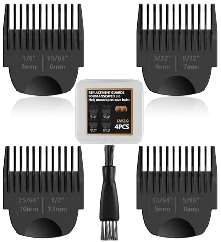 4 Pack Guards for Manscaped Lawn Mower 3.0 - Adjustable Lawnmower 3.0 Trimmer Guards with Brush and Organizer, Waterproof Guide Comb Replacement for Manscaped 3.0 Attachments, 1/8 to 1/2