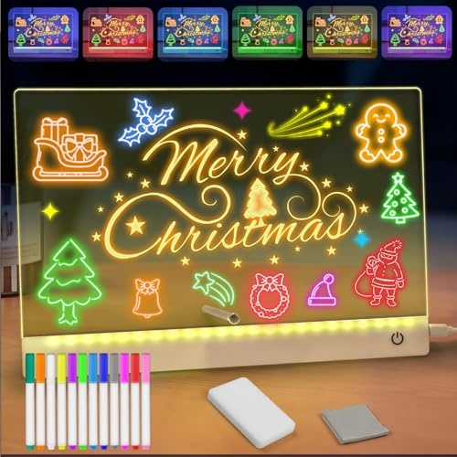 Kids led Drawing lamp with Battery, Light up Drawing Board Kids with 12 Color Pens, Rewritable Acrylic Led Message Board School Home Cafe Office, 30 * 20cm
