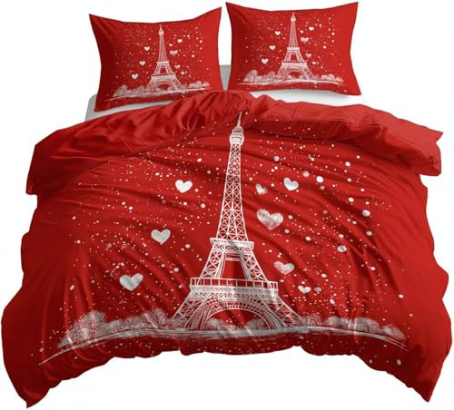 PUOJIEAT Bettwäsche 135x200 Rot Paris Weich Mikrofaser Bettwäsche-Sets Wendbares Paris Bettbezug mit 1 x Kissenbezug 80x80 cm 3D Bettzeug Set r.2637