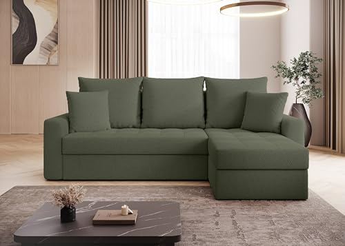AX Living Karaman Schlafsofa mit Bettkasten Eckcouch Grün L Form 238cm | Schlafsofa mit zwei Bettkästen und DL-Automat. Schlaffläche: 138 × 202 cm. Wellenfedern. Kiefernholz und Möbelplatte.