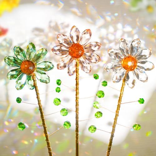 nuyikaso 3 Stück Sonnenfänger Kristall Blume Perlen Fenster | Regenbogen Kristalle Deko Fensterdeko für Topfpflanzen Zuhause Gartendeko Grün Rosa Transparent