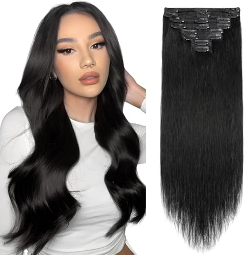 Elailite Clip in Hair Extension Human Hair Double Weft Real Remy Hair - Maxi Thickness 8 Pieces Full Head Straight (#1 Jet Black, 24-170g)