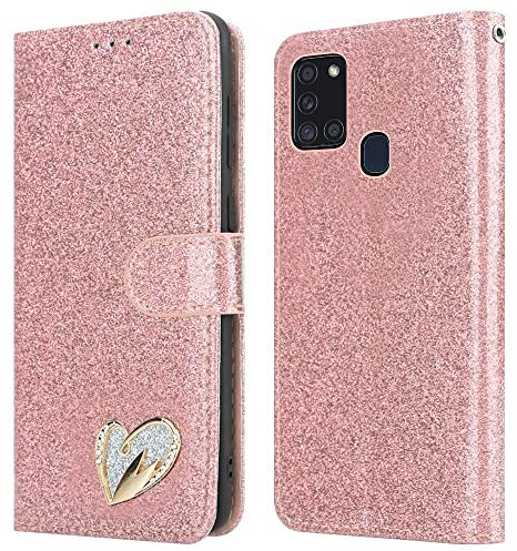 iPEAK For Samsung Galaxy A21s Case Shiny Leather Bling Glitter Book Flip Stand Wallet Cover For Galaxy A21s Phone (Rosegold)