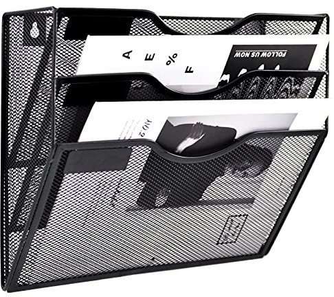 EASEPRES 3 Tier Wall File Holder Organiser Mesh Wall Mounted Paper Magazine Storage Rack, Metal Hanging Wall Files Mail Document Holder Storage for Office and home, Black