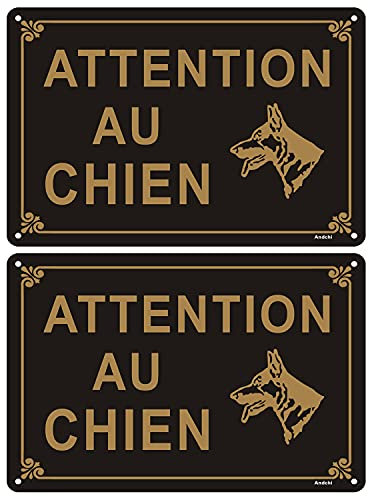 Andchi 2 Pièces Attention au Chien, Panneau Métallique en Aluminium, Avertissement de Sécurité pour l'Extérieur de la Maison Résistant à la Décoloration 300x200mm