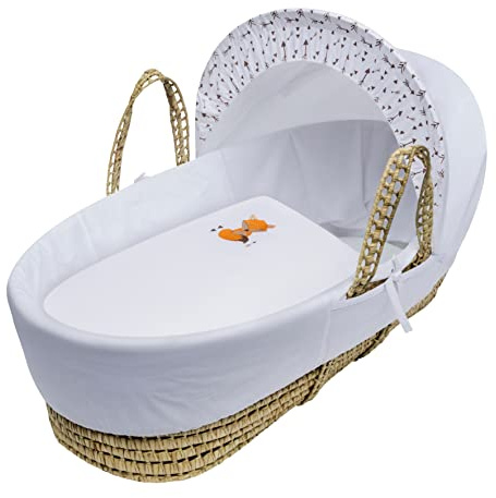 Kinder Valley Embroidered Fox Palm Moses Basket with Full Bedding Set, Adjustable Hood, Fibre Mattress & Padded Liner