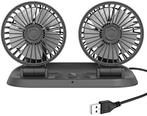 TOTMOX Ventilateur de refroidissement de voiture à double tête 5V avec port USB pour camion, van, SUV, RV, bateau, 360° Horizontal 180° Rotation verticale ajustable