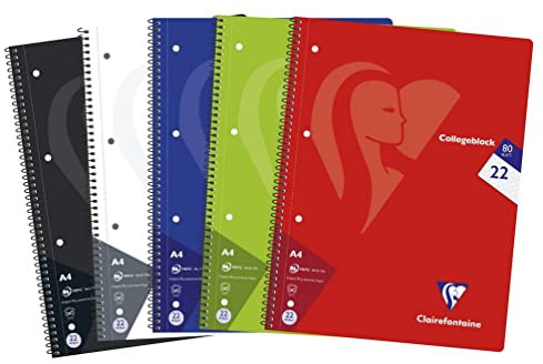 Clairefontaine 307252C - Packung mit 5 Heften / Collegeblöcken, DIN A4, 80 Blatt 90g kariert, Farben sortiert, 1Pack