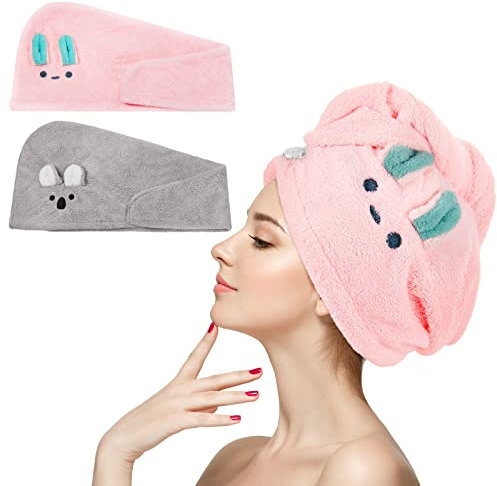Tatuo 2 Stück Mikrofaser Haartuchwickel Absorbierender Haartuch Schnelltrocknend Haarturban Anti Frizz Haarhandtuch Haartrockentuch für Frauen(Grau, Rosa,Hase, Koala)