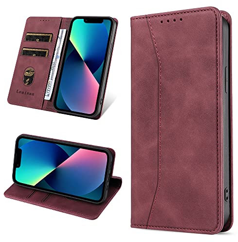 Leaisan Handyhülle für iPhone 13 Mini Hülle Premium Leder Flip Klappbare Stoßfeste Magnetische [Standfunktion] [Kartenfächern] Schutzhülle für iPhone 13 Mini Tasche - Wein Rot