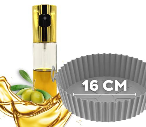 Destiny SM Aceitera Spray Pulverizador + Molde Silicona Freidora de Aire, Pulverizador de Aceite para Freidora de Aire, Utensilios Freidora de Aire, Aceite Spray 100ML, Silicona Airfryer (Gris)