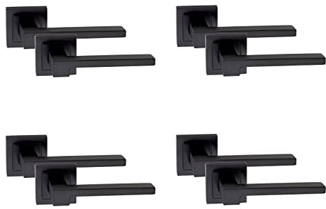 Golden Grace Rose Zeta Design Door Handles Lever Latch on Square Backplate in Matt Black Finish, 4 Pairs