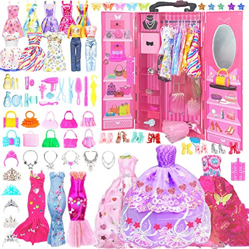 159 Pcs Doll Closet Wardrobe Set, Compatible with Barbie Clothes, 1 Wardrobe, 2 Luxurious Dresses, 2 Fishtail Skirts, 3 Fashion Dresses, 4 Tops Pants, 10 Suspender Skirts, 137 Accessories