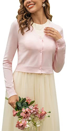 Yukiuiny Cardigan Corta Elegante Chiusura a Bottoni Donna Cappoto Primavera Autunno Coprispalle Bolero per Sposa-Rosa Leggera/3XL