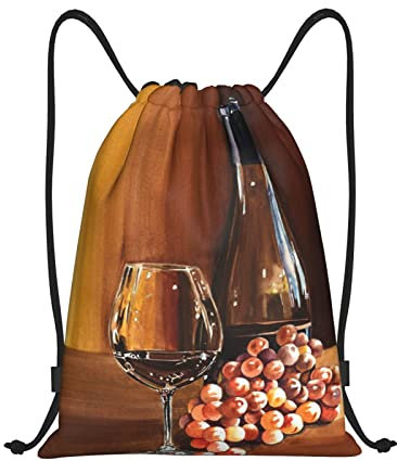 DEHIWI Rotweinflasche Glas Traube Holz Fass Kordelzug Rucksack Wasserdicht Leicht Turnbeutel Sportbeutel Für Männer Frauen Reisen Einkaufen Strand, Schwarz , M