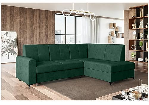 MEBLINI Schlafcouch mit Bettkasten - Kleines Ecksofa mit Schlaffunktion - Sofa mit Relaxfunktion - Kleine Couch L-Form - Eckcouch - Scandi - 236x171x85cm Rechts - Grün Samt