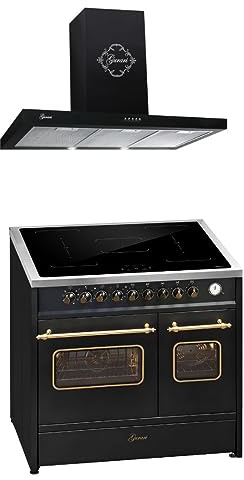 GURARI Induktions-Standherd E 913 DF RU BL+GCH 461 BL 9, Retro Elektro Standherd, Range Coocker mit FLEX Induktion+Dunstabzugshaube 90 cm