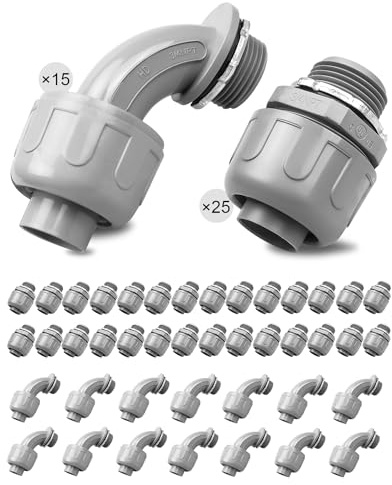 Paquete de 40 conectores herméticos a líquidos de 3/4 pulgadas, accesorios de conducto flexibles de PVC, accesorios de conducto eléctrico no metálicos, listado UL (paquete de 25 180°+15 90°)