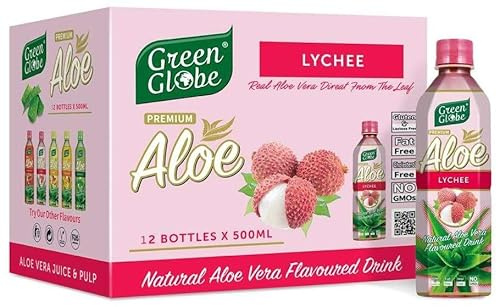 Green Globe Aloe Vera Juice Drink 500 ml | Original Aloe Vera Juice for Hair and Skin | Bundle Pack | (Lychee Aloe Vera Drink, Pack of 24)