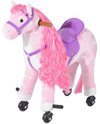 HOMCOM Cavallo a Dondolo per Bambini 3+ Anni con 4 Rotelle e Suoni Realistici, Dondolo per Bambini Imbottito con Poggiapiedi, 65x28x75 cm, Rosa