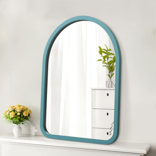 Rustikale Bogen Spiegel für Wand, hölzerne gerahmt Vintage Bauernhaus Eitelkeit Spiegel Dekor Wohnzimmer Bad Schlafzimmer Eingang Flur Ankleidezimmer blau 45 x 65 CM
