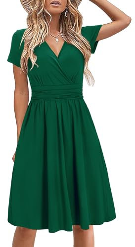 STYLEWORD Damen Sommerkleid Kurzarm V-Ausschnitt Kleider Einfarbig Kleid Strandkleid Mit Taschen(Grün,X-Groß)