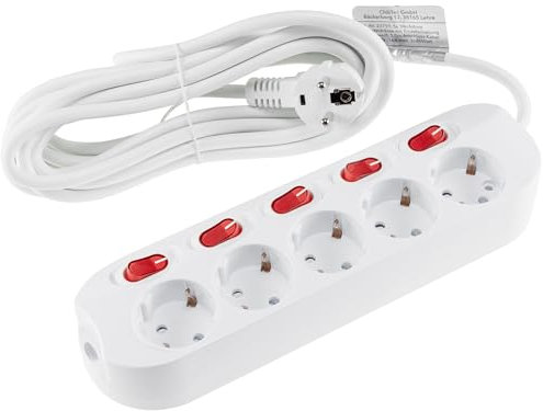 ChiliTec Steckdosenleiste 5-Fach Tischsteckdose mit Einzelschaltung mit 5m Kabel Schalter für Jede Steckdose mit erhöhtem Berührungsschutz Weiß