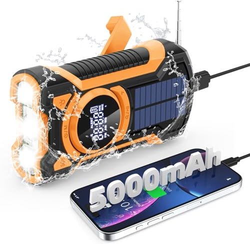 Radio de emergencia con manivela solar de 5000 mAh, IP65, resistente al agua, a prueba de polvo, Bluetooth 5.3, radio portátil AM/FM/NOAA con linterna, cargador de teléfono, SOS, conector para
