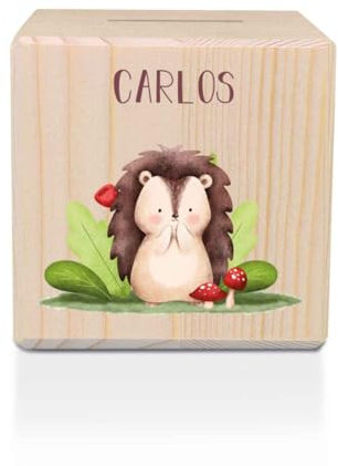 GRAVURZEILE Spardose aus Holz - Waldtiere - mit Namen personalisiert - Personalisierte Geschenke für Mädchen & Jungen zum Geburtstag Kommunion Einschulung - Geschenk für Kinder - Igel