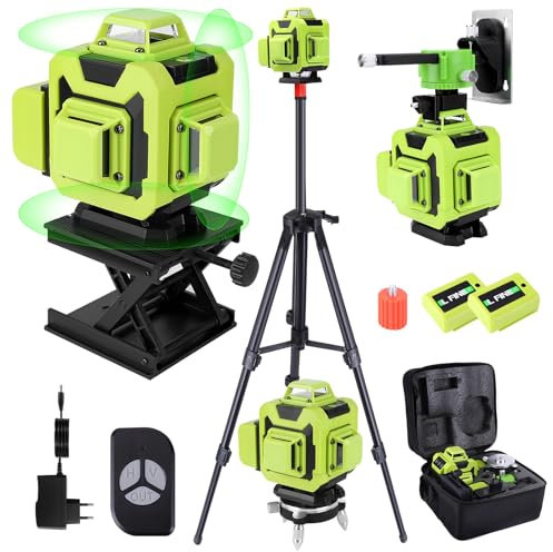Kreuzlinienlaser Grün 4x360°, Laser Wasserwaage mit Stativ 16 Linien, Baulaser Kreuzlaser Linienlaser Selbstnivellierende,IP54 Laser Baulaser mit 2x3000mAh wiederaufladbare Batterien und Fernbedienung