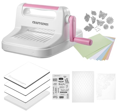 CraftGenes Stanzmaschine und Prägemaschine, 15,2 cm, Öffnungsgröße für Kartenherstellung, Scrapbooking und Bastelarbeiten, komplettes Set mit A5-Stanzformen, Prägeschablonen und Tellern (Rosa)